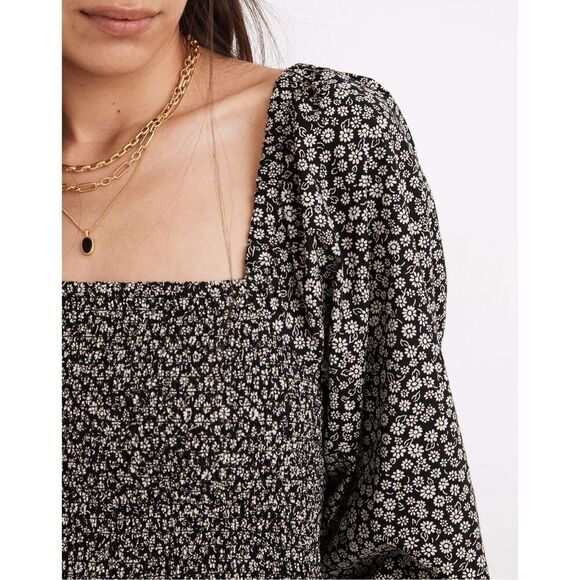 Madewell Lucie Elbow Sleeve Smocked Mini Dress in Parisian Ditsy size S True Bla - Picture 4 of 14